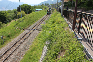 姨捨駅のホームの下の本線を、長野方面へ下って行く電車