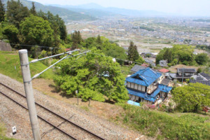 ホームの下を走る本線の線路と長野市方面の展望
